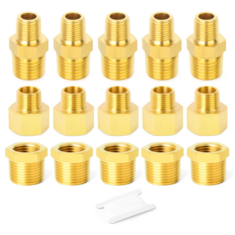 GASHER 15PCS Brass Pipe Fitting, Hex Bushing, Reducer Adapter, Reducing Hex Nipple 1/2 Inch NPT x 3/8 Inch NPT - Image 1